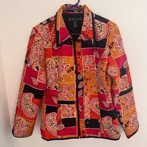 Vintage SILKLAND Quilted Jacket Womens Large Orange Pink Patchwork Silk Boho